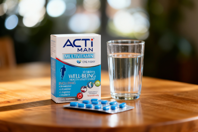 قرص اکتی من کنار لیوان آب روی میز چوبی